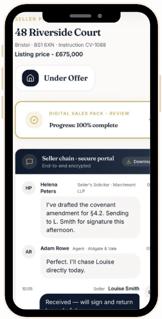 Seller portal on mobile showing listing status, sales pack progress and secure chat